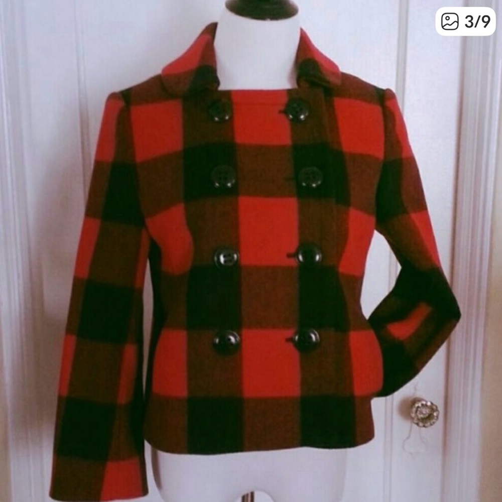 J. Crew Red and Navy Wool Plaid Seberg Pea Coat